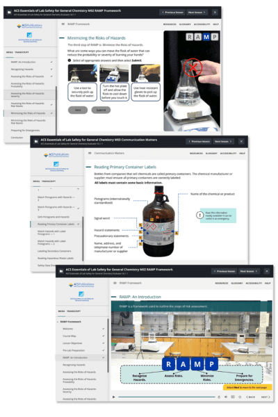 Screenshots from the digital learning course--ACS Essentials of Lab Safety for General Chemistry