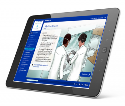 An illustration of a lab safety case study on a tablet