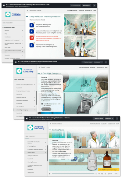 Screenshots from the digital learning course--ACS Case Studies for Research Lab Safety