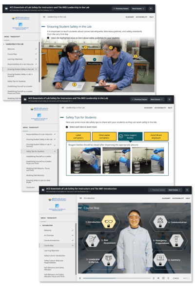 Screenshots from the digital learning course--ACS Essentials of Lab Safety for Instructors and TAs