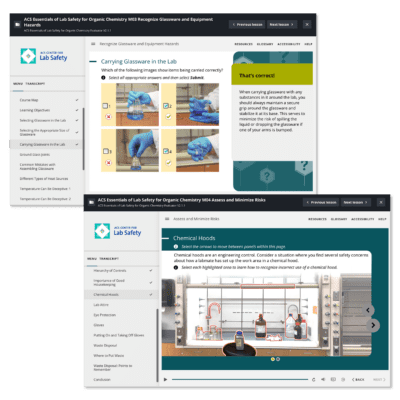 Screenshots from the digital learning course--ACS Essentials of Lab Safety for Organic Chemistry