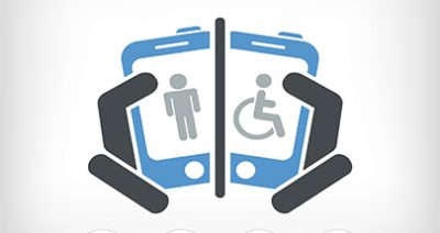 Graphic of person holding two cell phones, one picturing a person standing, the other picturing a person in a wheel chair.