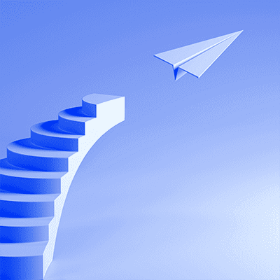 Illustration of a paper airplane launching from a cantilevered set of stairs.