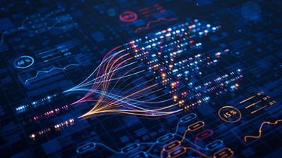 Colorful light trails flowing across a dark circuit-like data dashboard, representing data transfer and analytics.